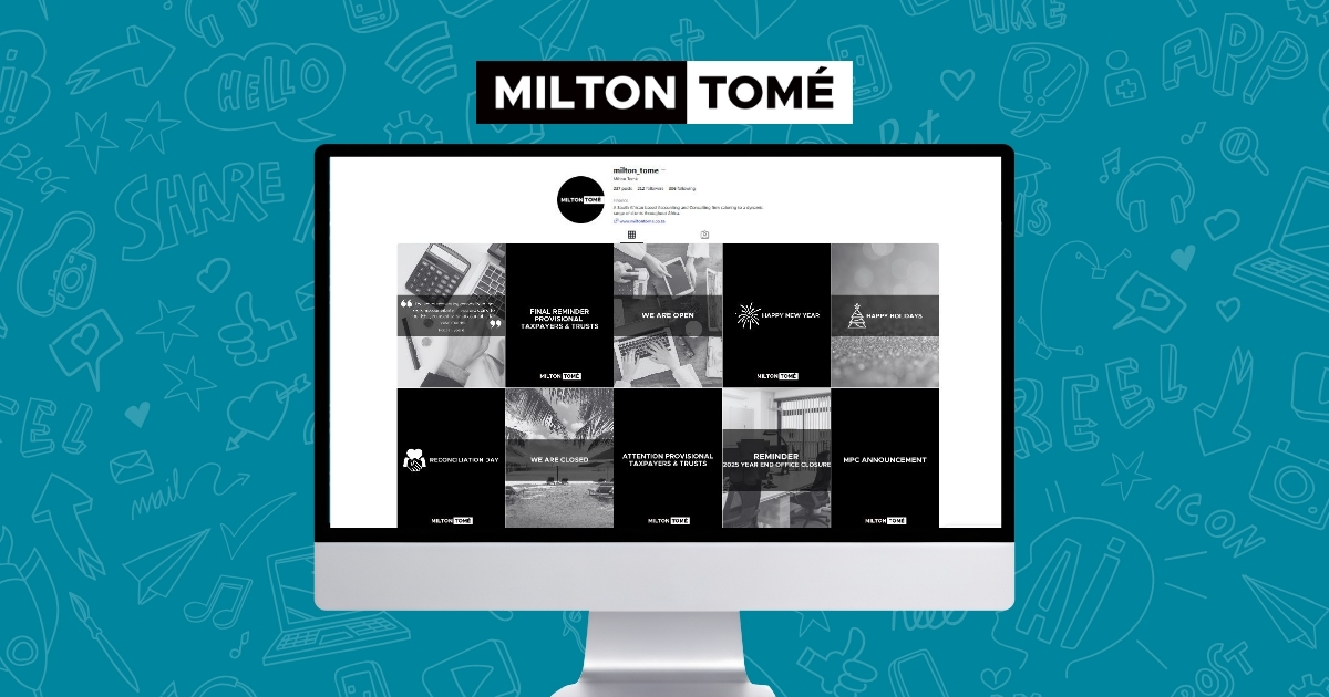 Computer screen displaying Milton Tomé’s branded social media feed designed by String Phone Marketing.