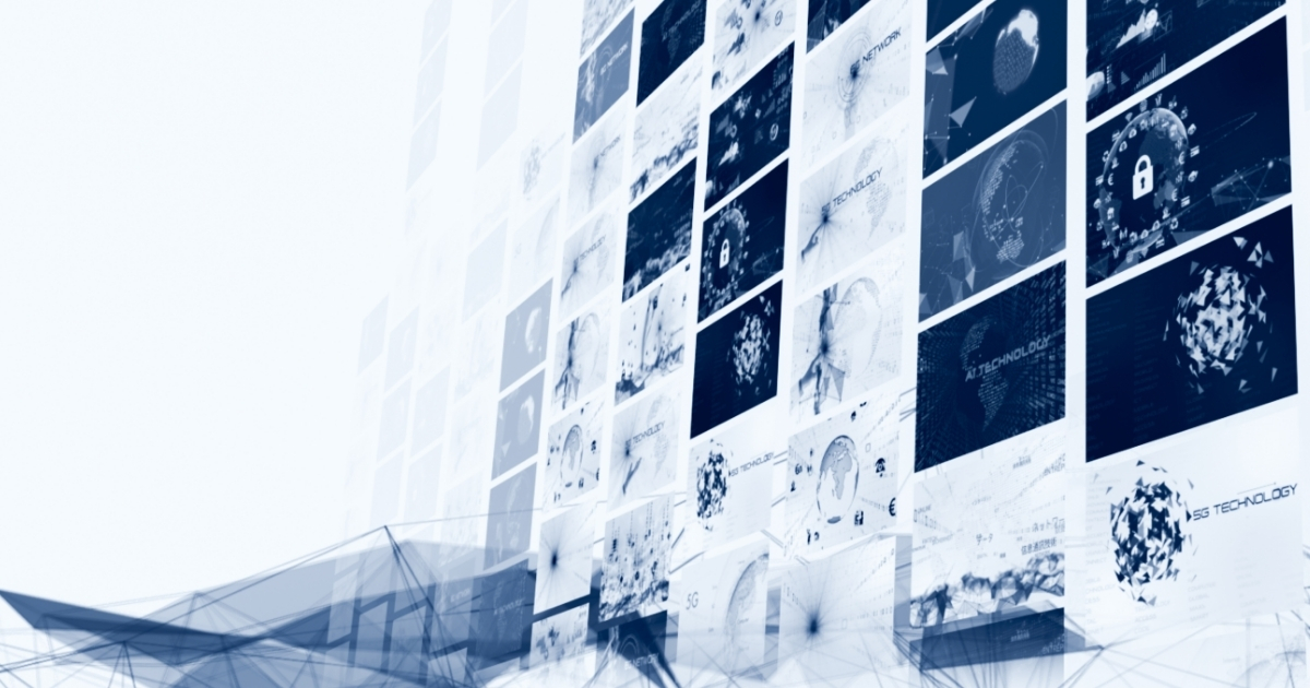 Digital collage of artificial intelligence and technology visuals representing AI-generated content and its role in modern marketing.