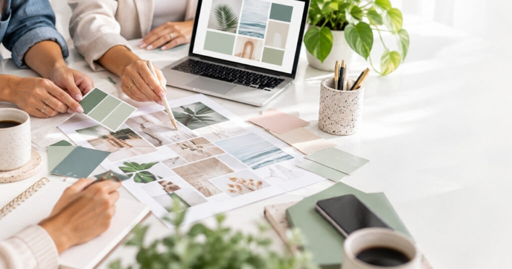 Marketing team reviewing brand visuals and campaign materials as part of a strategy to generate leads and support business sales.